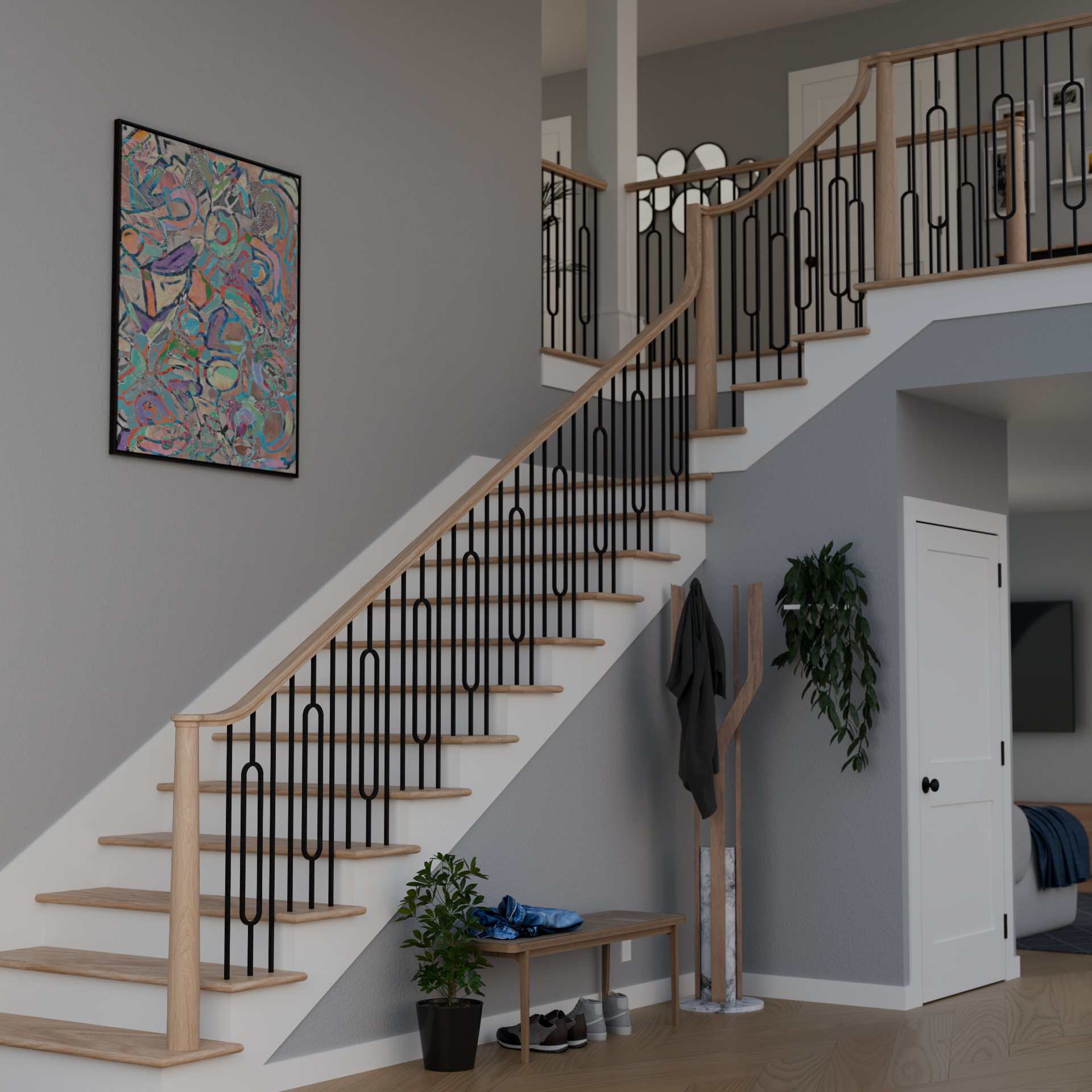 Open staircase with iron balusters render