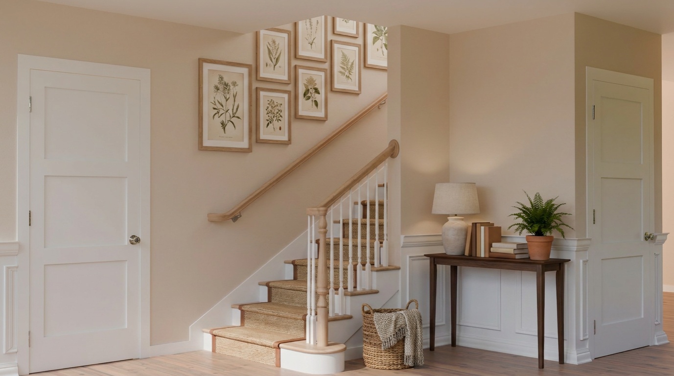 Botanical gallery wall staircase entryway render